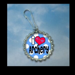 1 I love Archery Bottlecap Zipper Pull Party Favor,GLITTER or Plain, id tag, party favor, archer, bow and arrow, archery club, archery team