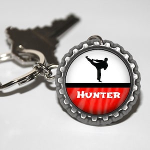 1 Personalized Martial Arts Bottlecap Keychain Party Favor GLITTER or Plain Male or Female 16 colors karate class class gift black belt