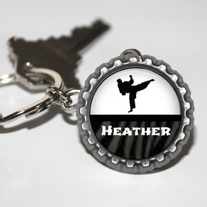 1 Personalized Martial Arts Bottlecap Keychain Party Favor GLITTER or Plain Male or Female 16 colors karate class class gift black belt