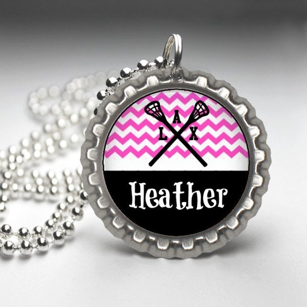 1 Personalized Hot Pink Lacrosse Bottlecap Necklace 15 Color Choices GLITTER or Plain lacrosse team team gift high school varsity jv lax