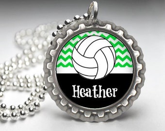 1 Personalized Green Chevron Volleyball Bottlecap Necklaces, 15 color choices varsity high school JV coach gifts necklace  team gift JO