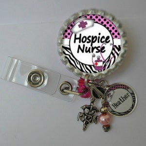 Personalized Hospice Nurse Badge Reel: Charm & Dangle Beads