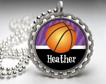 1 Personalized Purple Basketball Bottlecap Necklace, 15 color choices, GLITTER or Plain, basketball gifts, basketball gift, team gift