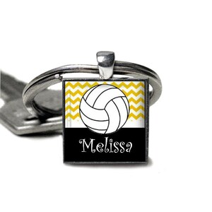 Personalized Gold volleyball square pendant keychain--15 color choices, volleyball mom, volleyball team gift high school varsity jv