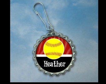 Personalized Burgundy Softball Bottlecap Zipper Pull, 15 Color Choices, softball gifts, softball team, softball team gifts, bag tag, id tag