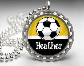 1 Personalized Gold Soccer Glitter Bottlecap Necklace, 15 Color Choices, GLITTER or Plain, soccer team, soccer team gift, end of season