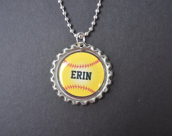 Set of 4 Personalized Softball Bottlecap Necklace,GLITTER or Plain, softball gifts, softball team, softball team gifts, softball necklaces