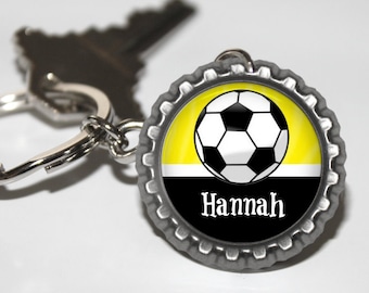 1 Personalized Yellow Soccer bottlecap keychain 15 COLORS Plain or Glitter Soccer gift idea soccer mom gift high school varsity jv