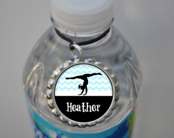 Personalized Light Blue Chevron Gymnastics Water Bottle Tag, gym water bottle PLAIN or GLITTER coach water bottle drink tag bottle label
