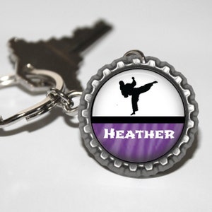 1 Personalized Martial Arts Bottlecap Keychain Party Favor GLITTER or Plain Male or Female 16 colors karate class class gift black belt