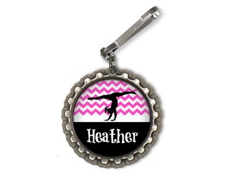 1 Personalized Hot Pink Gymnastic Chevron Bottlecap Zipper pull, GLITTER or Plain gymnastic team gymnast coach gift gym gift gifts meet