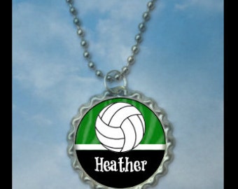 1 Personalized Hunter green Volleyball Bottlecap Necklaces, 15 color choices, volleyball gifts, volleyball gift, volleyball necklace, team