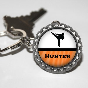 1 Personalized Martial Arts Bottlecap Keychain Party Favor GLITTER or Plain Male or Female 16 colors karate class class gift black belt