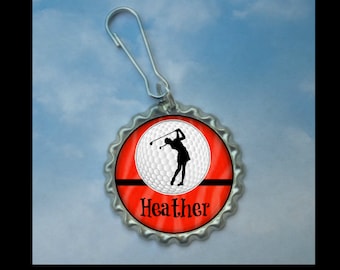 Personalized Golf Glitter or Plain Bottlecap Zipper Pull Party Favor,15 color choices, golf stocking stuffer, golf team gift, golfer gift