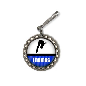 1 Personalized Male Royal Blue Dive Bottlecap Zipper pull swim bag tags dive team gifts, diver gift, competative diving, diving bookbag tag