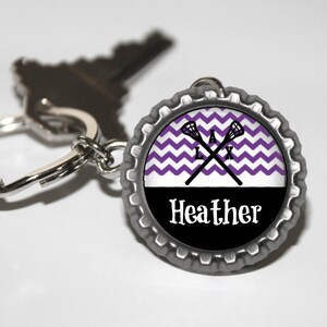 Personalized Purple Lacrosse bottlecap keychain 15 color choices lacrosse mom, lacrosse team gift high school varsity jv travel LAX gift
