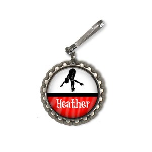 1 Personalized Red Dive Bottlecap Zipper pull,GLITTER or Plain, dive team gifts, diver gift, competative diving, diving bookbag tag