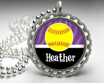 1 Personalized Purple Softball Bottlecap Necklace, 15 Color Choices, softball gifts, softball team, softball team gifts, necklaces