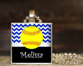 1 Personalized Royal Blue Chevron Softball Pendant Necklace 15 Color Choices team softball team gifts varsity jv high school middle school