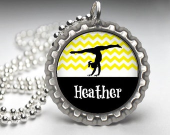 1 Personalized Yellow Gymnastic Bottlecap Necklace Party Favor GLITTER or Plain 15 colors gymnastic team meet competition coach