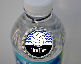 1 Personalized Royal Blue Chevron Volleyball Water Bottle Tags, 15 color choices varsity high school JV coach gift gifts JO team gift