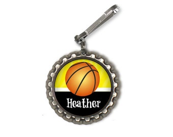 1 Personalized Yellow Basketball Bottlecap Zipper pull GLITTER or Plain 15 Color choices b-ball, basketball gift high school varsity jv