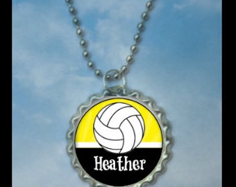 1 Personalized Yellow Volleyball Bottlecap Necklaces, 15 color choices, volleyball gifts, volleyball gift, volleyball necklace, team gift