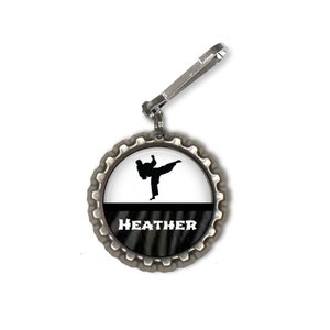 1 Personalized Martial Arts Bottlecap Zipper Pull Party Favor GLITTER or Plain Male or Female 16 colors karate class class gift black belt