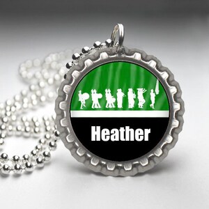 Personalized Hunter Green Marching Band bottlecap Necklace-- Plain or Glitter, band gift, band grandma, band gift idea, gift, band director