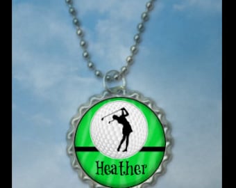 Personalized Golf Glitter or Plain Bottlecap Necklace Party Favor,15 color choices, golf stocking stuffer, golf team gift, golfer gift, golf