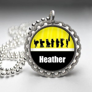Personalized Yellow Marching Band bottlecap Necklace-- Plain or Glitter, band gift, band grandma, band gift idea, gift, band director