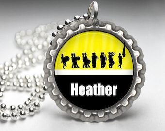 Personalized Yellow Marching Band bottlecap Necklace-- Plain or Glitter, band gift, band grandma, band gift idea, gift, band director