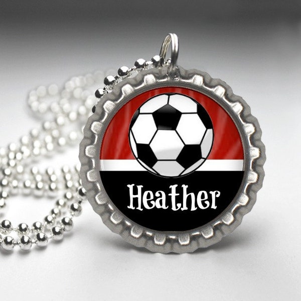 1 Personalized Burgundy Soccer Glitter Bottlecap Necklace, 15 Color Choices, GLITTER or Plain, soccer team, soccer team gift, end of season
