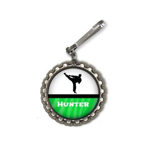 1 Personalized Martial Arts Bottlecap Zipper Pull Party Favor GLITTER or Plain Male or Female 16 colors karate class class gift black belt