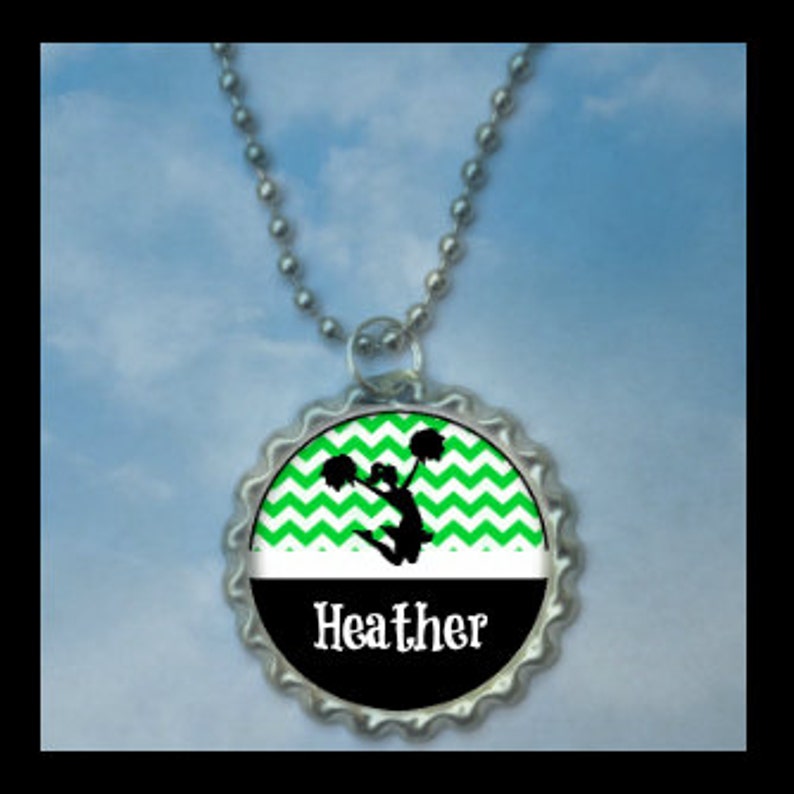 1 Personalized Green Chevron Cheer Bottlecap Necklace, 15 color choices GLITTER or Plain, cheer stocking stuffer, cheer squad, team gift image 1