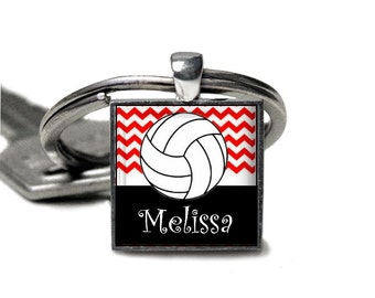 Personalized Red Chevron volleyball square pendant keychain--15 color choices, volleyball mom, volleyball team gift high school varsity jv