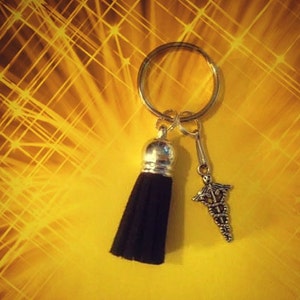 Nurse Keychain: Caduceus Charm, Black Tassel - Medical Gift