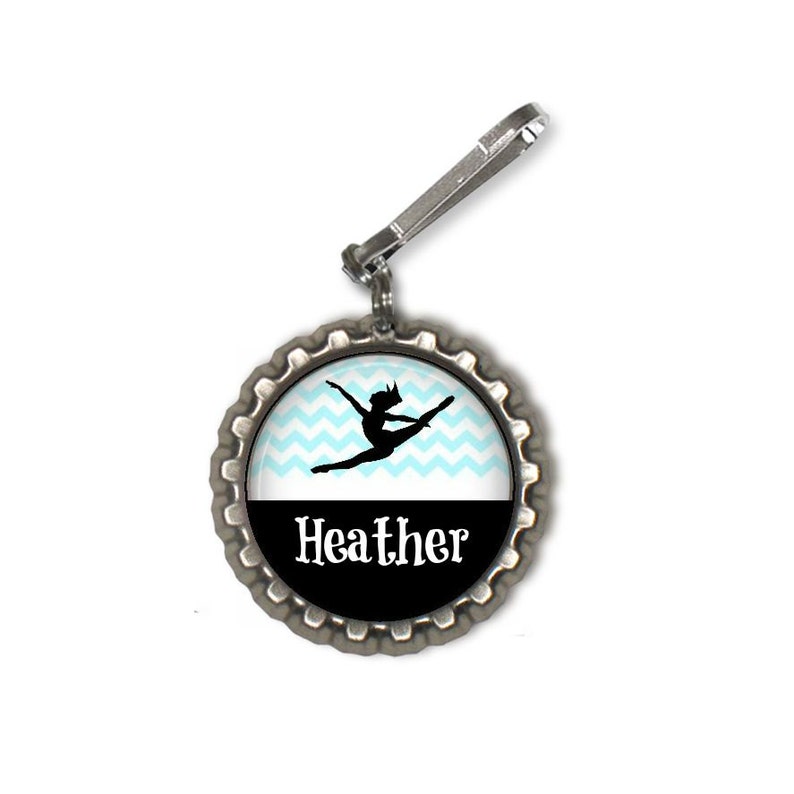 1 Personalized Light Blue Dance Chevron Bottlecap Zipper pull GLITTER or Plain dance team dance teacher gift gifts dance class ballet tap