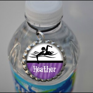 1 Personalized Purple Swim Water Bottle Tags, 15 color choices, swim gifts, swim gift, swimming tags, swim team gift, swimming gifts