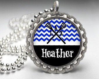 1 Personalized Royal Blue Lacrosse Bottlecap Necklace 15 Color Choices GLITTER or Plain lacrosse team team gift high school varsity jv lax