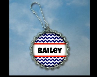 Personalized Navy and Red Chevron Zipper pull-- personalize coats, bookbags, purses,lunchboxes, blue, purple, chevron id tag, name tag