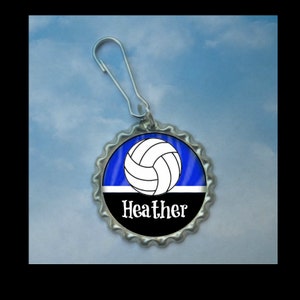 1 Personalized Royal Blue Volleyball Bottlecap Zipper pull,GLITTER or Plain, 15 colors, volleyball gifts, volleyball gift, volleyball bag id