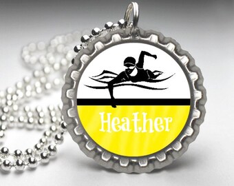 1 Personalized Yellow Swim Bottlecap Necklace You CHOOSE Color swim team gifts, swim team, swimmer gift, swim, swimming, swim necklace