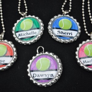 1 Personalized Tennis Bottlecap Necklace Party Favor,GLITTER or Plain, tennis team tennis, tennis match tournament prize medal medallion