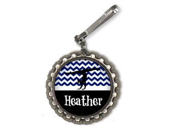 1 Personalized Navy Blue Gymnastic Chevron Bottlecap Zipper pull, GLITTER or Plain gymnastic team gymnast coach gift gym gift gifts meet