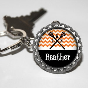 Personalized Orange Lacrosse bottlecap keychain 15 color choices lacrosse mom, lacrosse team gift high school varsity jv travel LAX gift