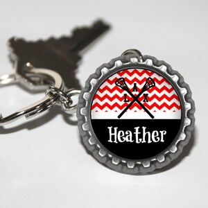 Personalized Red Lacrosse bottlecap keychain 15 color choices lacrosse mom, lacrosse team gift high school varsity jv travel LAX gift