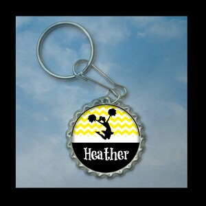 Personalized Yellow Cheer Chevron Bottlecap Keychain,16 colors GLITTER or Plain cheerleader high school varsity jv team junior high