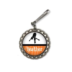 1 Personalized Orange Green Dive Bottlecap Zipper pull,GLITTER or Plain, dive team gifts, diver gift, competative diving, diving bookbag tag