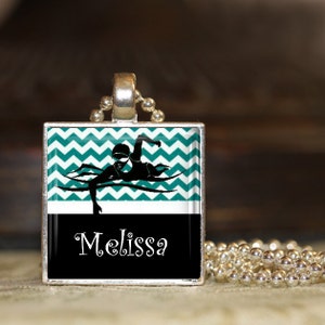 Personalized Swim Team Pendant Necklace: Teal Chevron Swimmer Gift